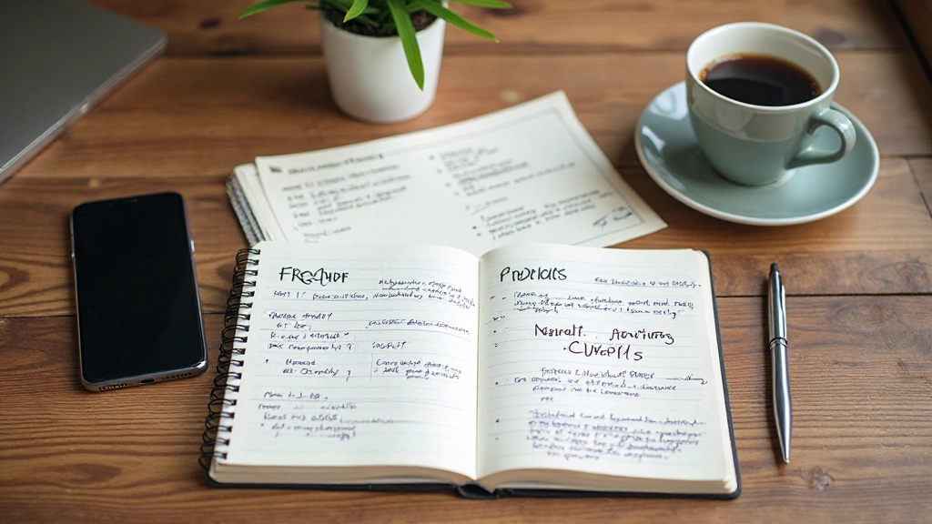 Notebook met handgeschreven aantekeningen naast koffiekopje op bureau