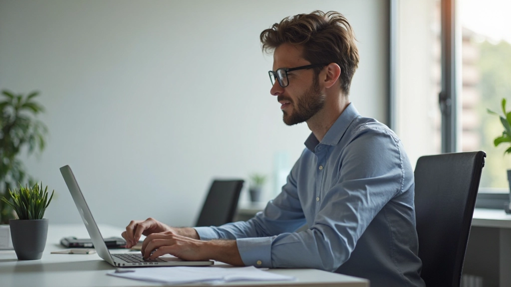 Persoon werkt gefocust aan laptop in minimalistisch kantoor
