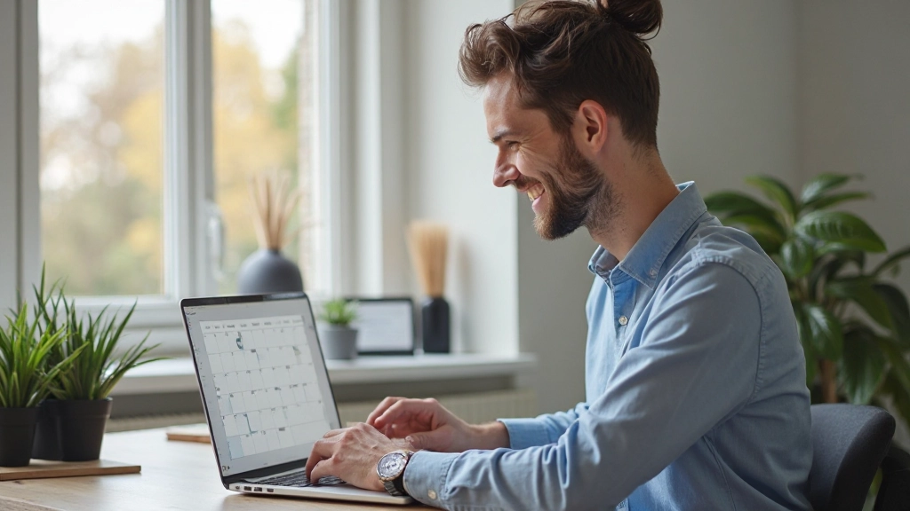 Persoon kijkt tevreden naar laptop met georganiseerde agenda en takenlijst